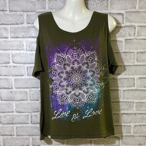 Rebellious One Olive and Purple Mandala cold shoulder Tee, size large